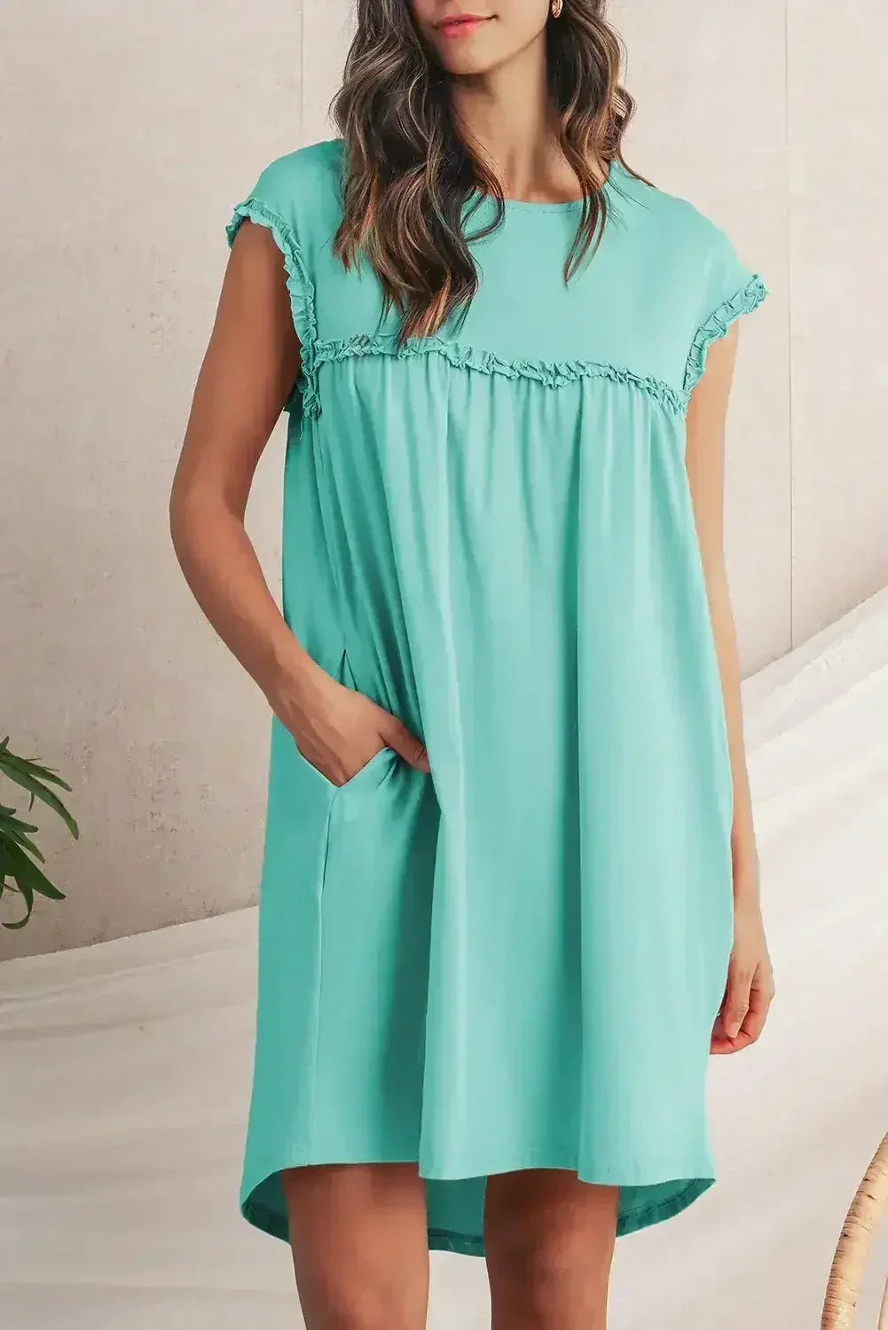 Oatmeal Frilled Trim Crewneck Loose Fit Mini Dress - Femstylo