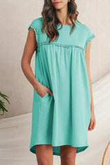 Oatmeal Frilled Trim Crewneck Loose Fit Mini Dress - Femstylo