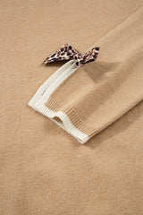 Tan Leopard Print Bow Decor Split Cuff Sweater - Femstylo