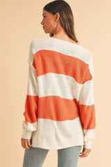Orange Colorblock V Neck Side Slits Sweater - Femstylo