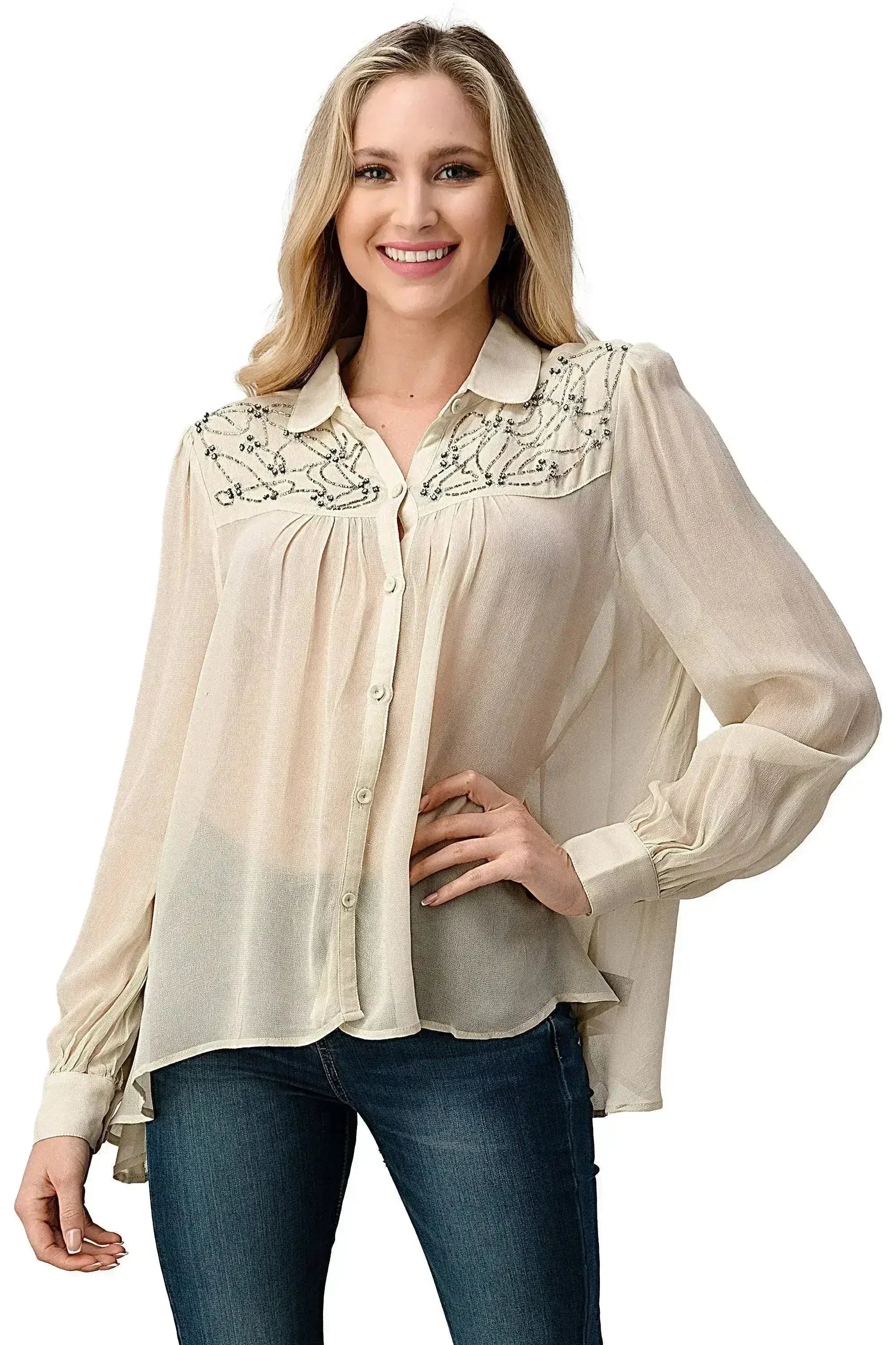 Embroidered Sheer Button-Up Blouse – Casual Elegance - Femstylo