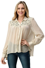Embroidered Sheer Button-Up Blouse – Casual Elegance - Femstylo