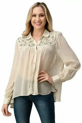 Embroidered Sheer Button-Up Blouse – Casual Elegance - Femstylo
