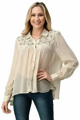Embroidered Sheer Button-Up Blouse – Casual Elegance - Femstylo