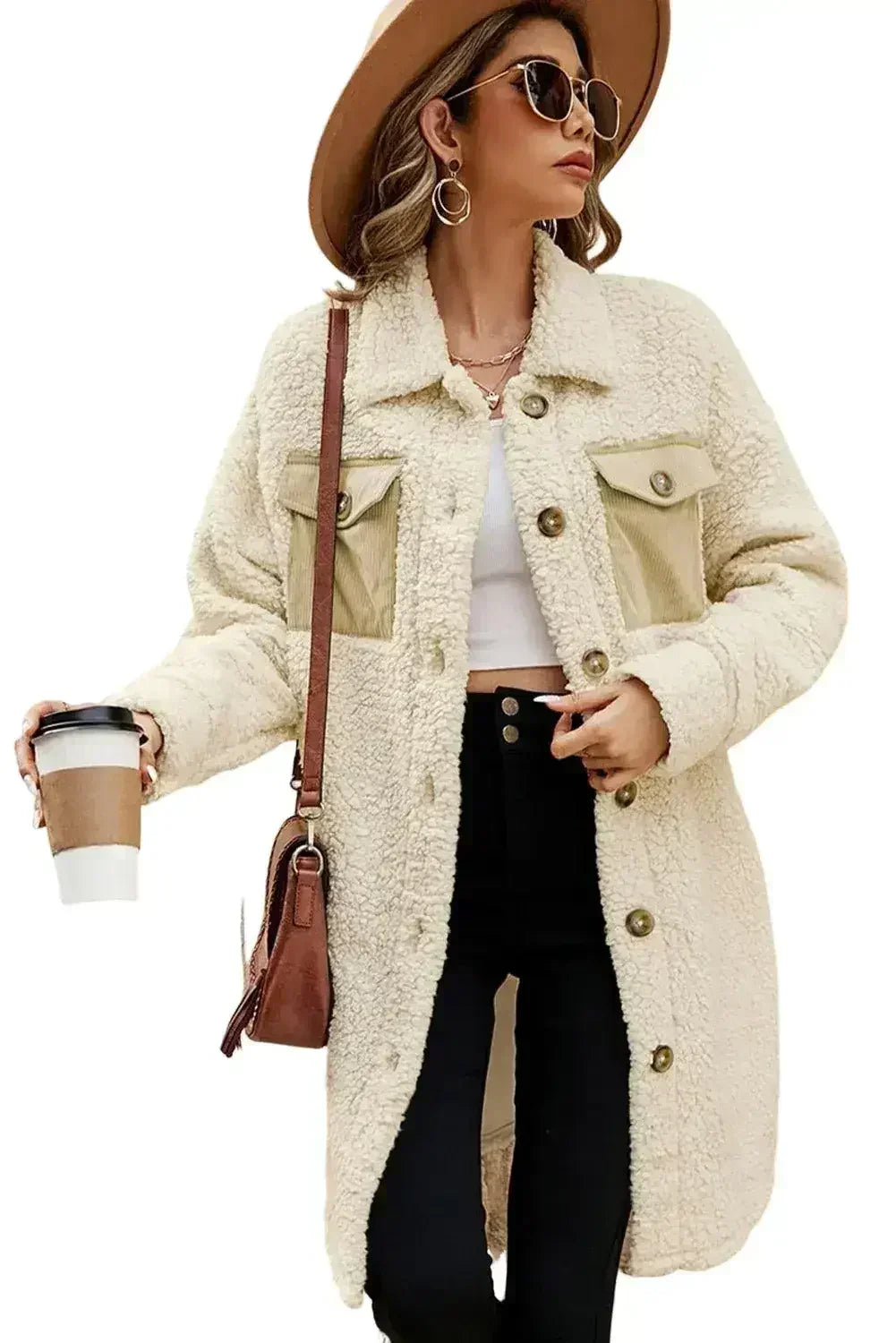 Beige Contrast Flap Pocket Single Breasted Teddy Coat - Femstylo