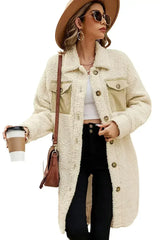Beige Contrast Flap Pocket Single Breasted Teddy Coat - Femstylo