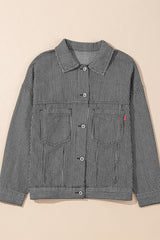 Blue Stripe Washed Oversized Pocketed Denim Jacket