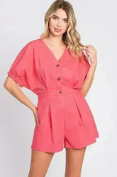 GeeGee Half Button V-Neck Linen Romper - Femstylo
