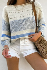 Light Blue Striped Hollow Out Puff Sleeve Sweater - Femstylo
