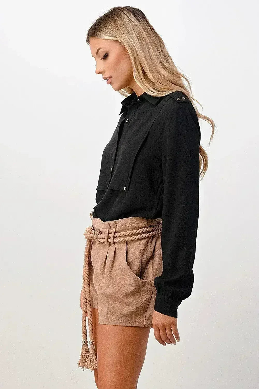 Long Sleeve Button-Down Blouse with Gold Button Accents - Femstylo