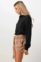 Long Sleeve Button-Down Blouse with Gold Button Accents - Femstylo