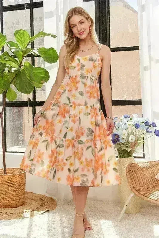 ADORA Floral Smocked Back Dress – Adjustable Strap Midi - Femstylo