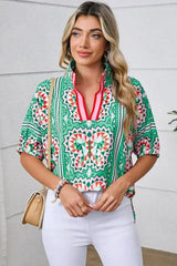 Sea Green Boho Geometric Print Color Neckline Blouse | Femstylo - Femstylo
