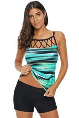 Greenish Tie Dye Striped Strappy High Neck Tankini Top - Femstylo