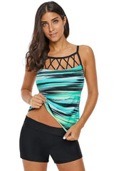 Greenish Tie Dye Striped Strappy High Neck Tankini Top - Femstylo