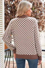 Dark Brown Plaid Contrast Trim Button Neck Sweater - Femstylo