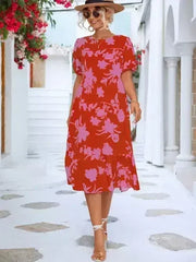 Floral Puff Sleeve Ruffle Hem Midi Dress - Femstylo