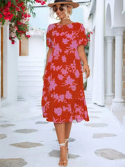 Floral Puff Sleeve Ruffle Hem Midi Dress - Femstylo