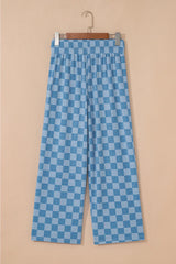 Sky Blue Tie Elastic Waist Checkered Loose Pants