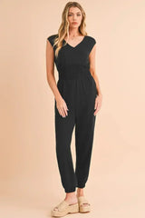 Black Shirred High Waist V Neck Sleeveless Jumpsuit - Femstylo