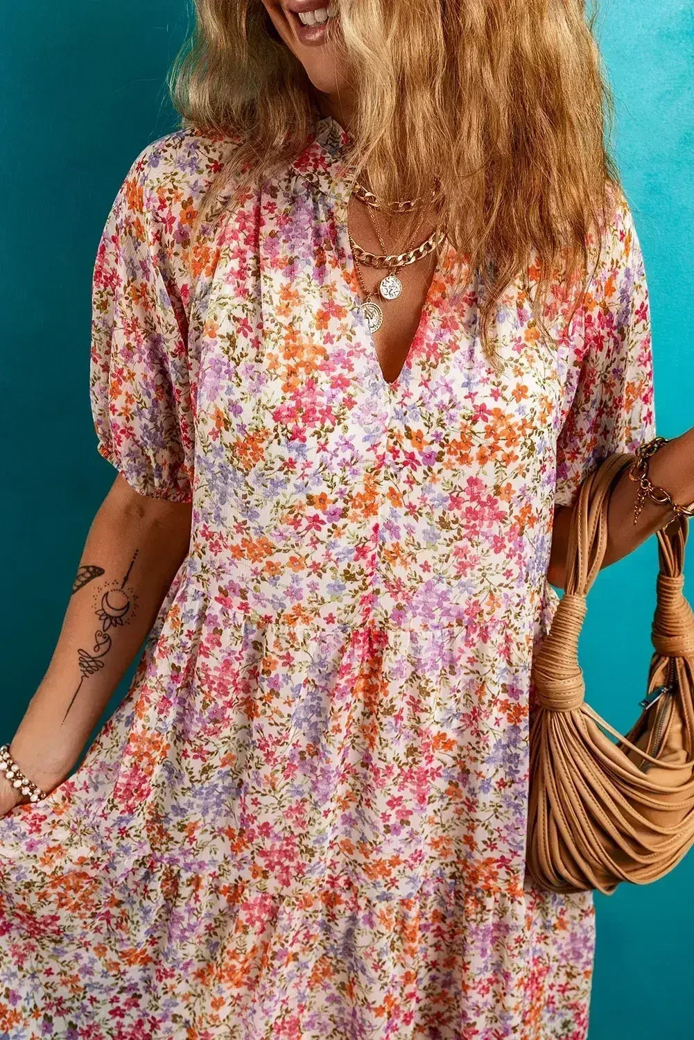 Red Floral Print Notched V Neck Puff Sleeve Tiered Mini Dress - Femstylo