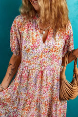 Red Floral Print Notched V Neck Puff Sleeve Tiered Mini Dress - Femstylo