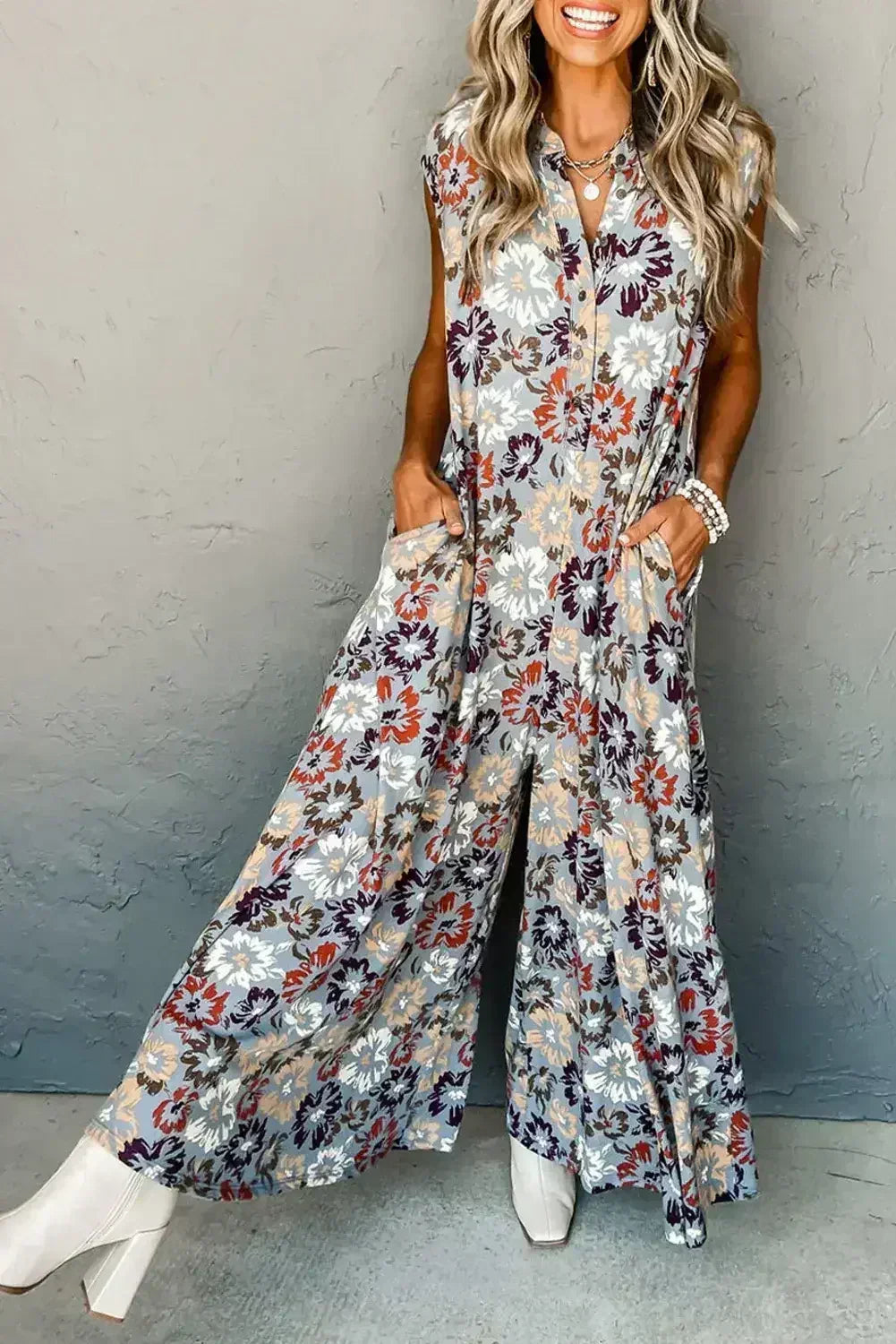 Sky Blue Floral Sleeveless Pocketed Wide Leg Jumpsuit - Femstylo