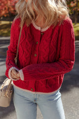 Racing Red Contrast Edge Twist Cable Knit Buttoned Cardigan