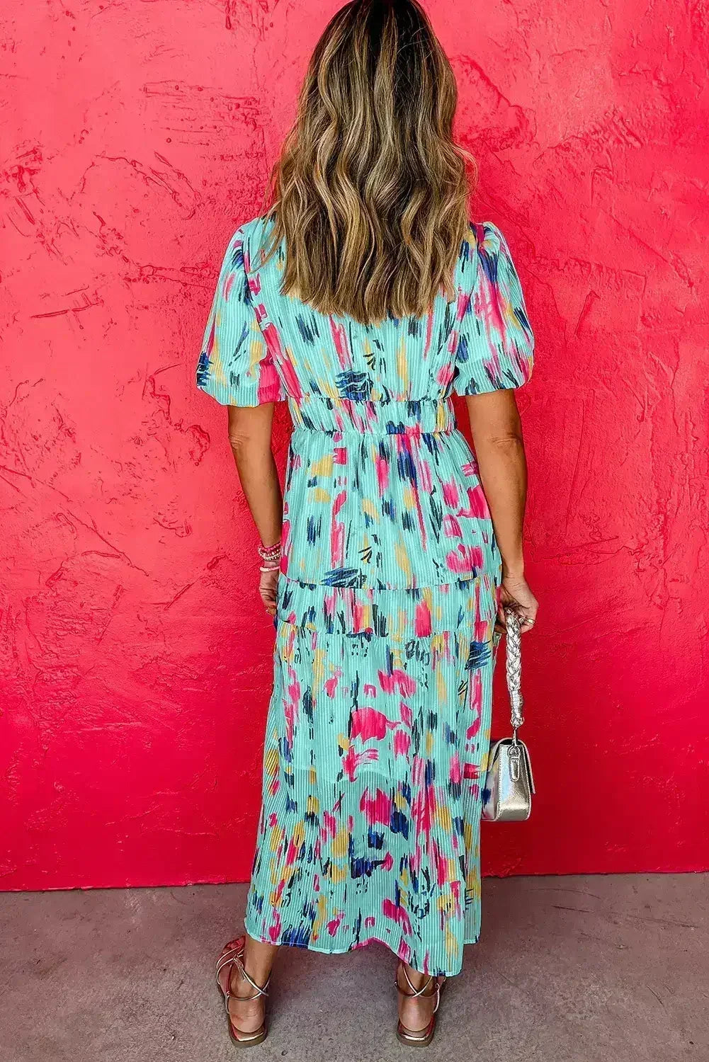Sky Blue Abstract Print Short Puff Sleeve Tiered Maxi Dress - Femstylo