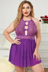 Halter Neck Lace Mesh Backless Plus Size Babydoll - Femstylo