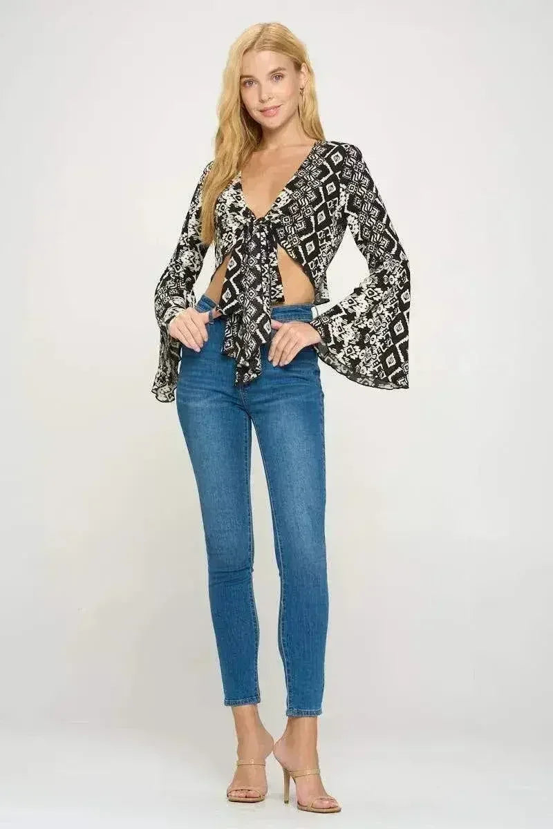 Boho Bell-Sleeve Crop Top | Floral Tie-Front | Sizes S-XL - Femstylo