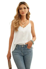 White Spaghetti Straps Buttoned V Neck Vest - Femstylo