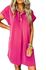 Rose Red Buttoned Collar Shift T Shirt Dress - Femstylo