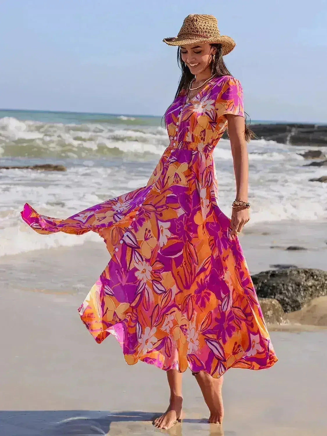 Printed V-Neck Midi Dress - Flowy Viscose Summer Dress | Femstylo - Femstylo