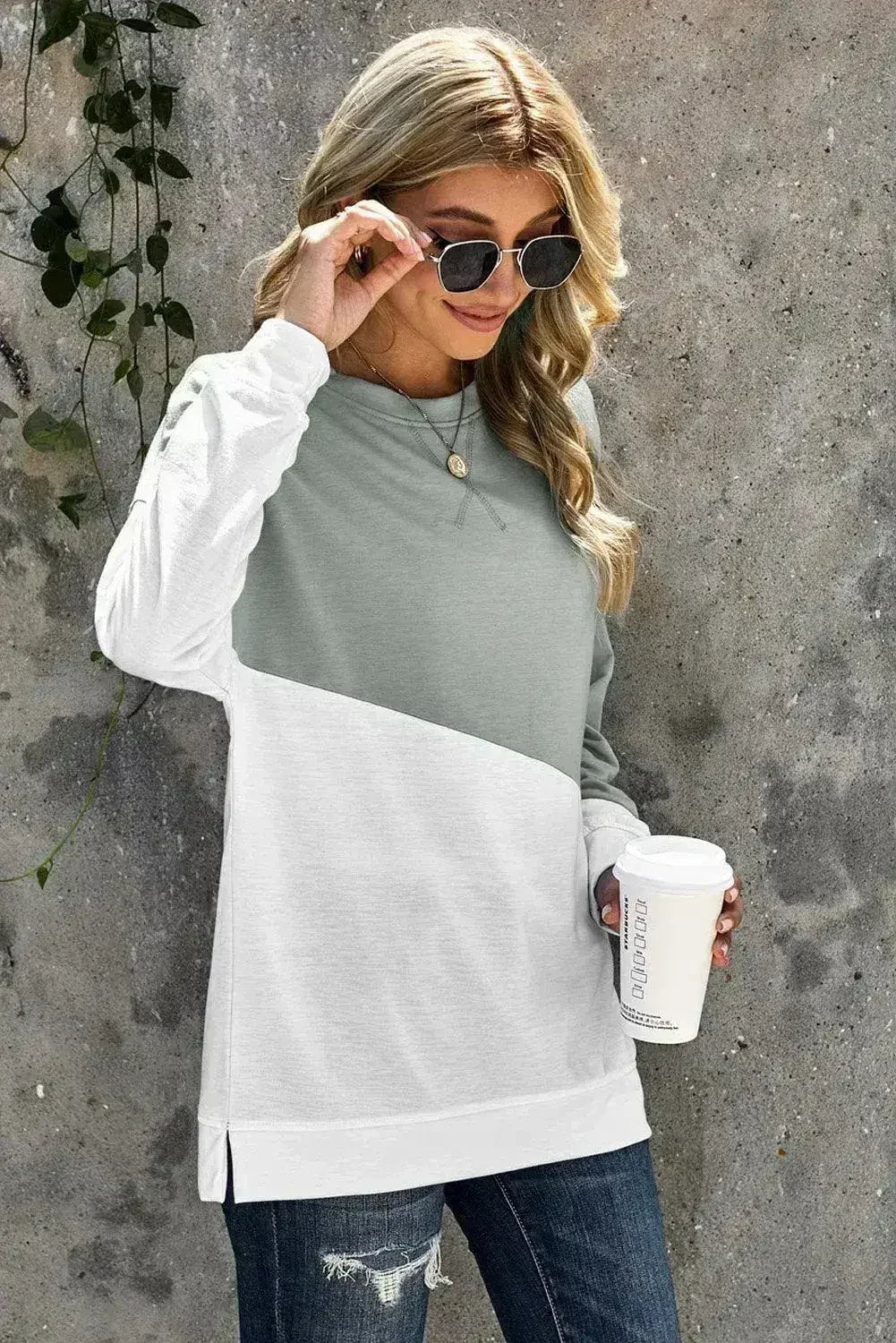 Gray White Patchwork Dropped Shoulder Sleeve Sweatshirt - Femstylo