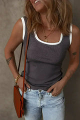 Smoke Gray Ribbed Knit Contrast Edge U Neck Slim Fit Tank Top - Femstylo