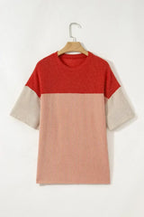 Black Color Block Ribbed Side Slits Half Sleeve Top - Femstylo