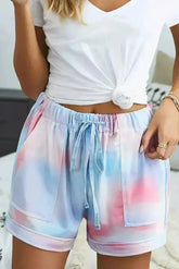 Multicolor Tie Dye Drawstring Elastic Waist Pocketed Casual Shorts - Femstylo