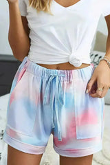 Multicolor Tie Dye Drawstring Elastic Waist Pocketed Casual Shorts - Femstylo