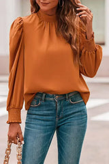 Orange Chiffon Blouse - Bubble Sleeves & Mock Neck | Femstylo - Femstylo