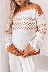 Khaki Zigzag Geometric Pattern Knitted Pullover Sweater - Femstylo
