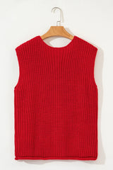 Fiery Red Solid Textured Knit Side Pockets Buttoned Sweater Vest