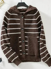 Striped Button Up Long Sleeve Hooded Cardigan - Femstylo