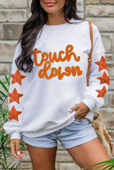 Beige Glittering Touch Down Patched Pattern Star Sleeve Sweatshirt - Femstylo