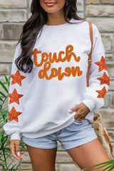 Beige Glittering Touch Down Patched Pattern Star Sleeve Sweatshirt - Femstylo