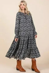 Mittoshop Printed Tie Neck Flounce Sleeve Midi Dress - Femstylo