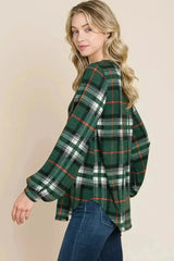 BOMBOM Curved Hem Plaid Round Neck Long Sleeve Top - Femstylo