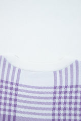 Lilac Plaid Print Ribbed Trim Loose Sweater