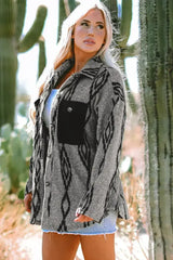 Gray Aztec Contrast Chest Pockets Loose Shacket - Femstylo