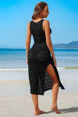 Crochet Beach Coverup Dress – High Split Maxi with U-Neck - Femstylo